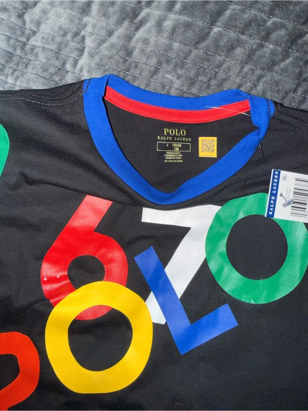 Ralph Lauren Black Tee with Multicolor Logo and Colorblock Sleeves